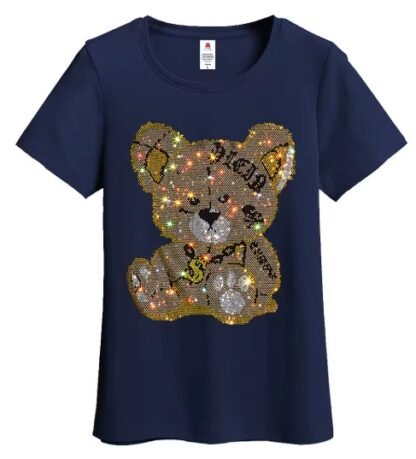 Personality Cartoon "TEDDY BEAR"  Diamond Rhinestones Lady Bling T-Shirt ~ Small To 5XL {O- Neck/ V-Neck} 3 Colors - Image 5
