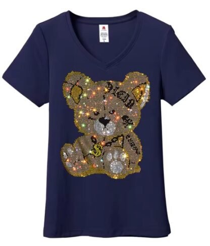 Personality Cartoon "TEDDY BEAR"  Diamond Rhinestones Lady Bling T-Shirt ~ Small To 5XL {O- Neck/ V-Neck} 3 Colors - Image 4