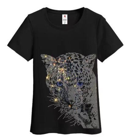 Boho Black Diamond Rhinestones Leopard Head Graphic Cotton T-Shirt - O Neck And V Neck Short Sleeve - Image 7