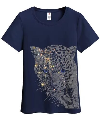 Boho Black Diamond Rhinestones Leopard Head Graphic Cotton T-Shirt - O Neck And V Neck Short Sleeve - Image 6