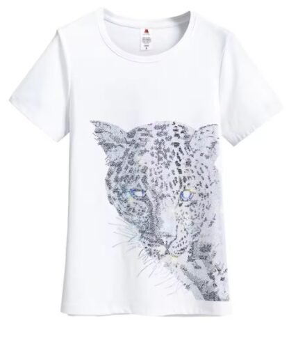 Boho Black Diamond Rhinestones Leopard Head Graphic Cotton T-Shirt - O Neck And V Neck Short Sleeve - Image 5