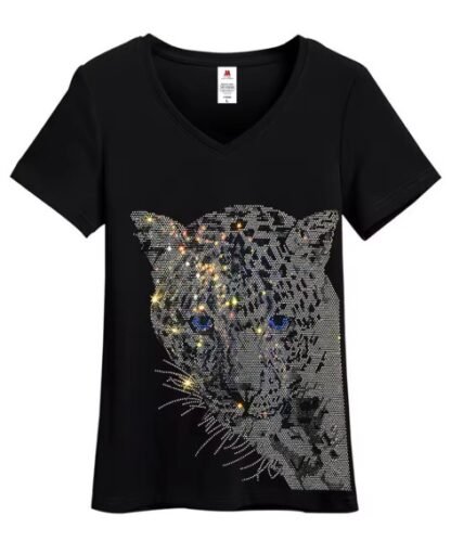 Boho Black Diamond Rhinestones Leopard Head Graphic Cotton T-Shirt - O Neck And V Neck Short Sleeve