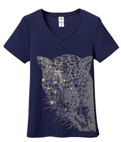 Boho Black Diamond Rhinestones Leopard Head Graphic Cotton T-Shirt - O Neck And V Neck Short Sleeve - Image 3