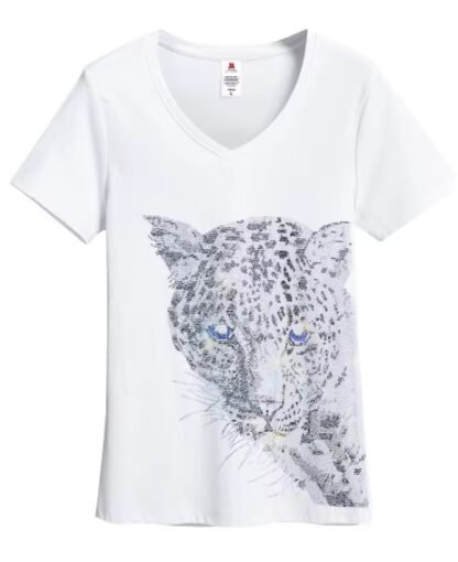 Boho Black Diamond Rhinestones Leopard Head Graphic Cotton T-Shirt - O Neck And V Neck Short Sleeve - Image 2