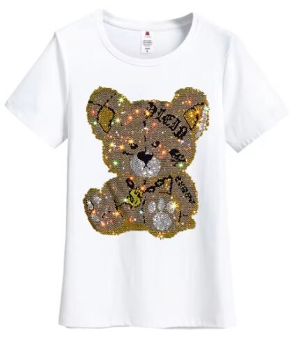 Personality Cartoon "TEDDY BEAR"  Diamond Rhinestones Lady Bling T-Shirt ~ Small To 5XL {O- Neck/ V-Neck} 3 Colors - Image 3