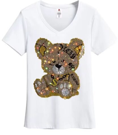 Personality Cartoon "TEDDY BEAR"  Diamond Rhinestones Lady Bling T-Shirt ~ Small To 5XL {O- Neck/ V-Neck} 3 Colors - Image 2